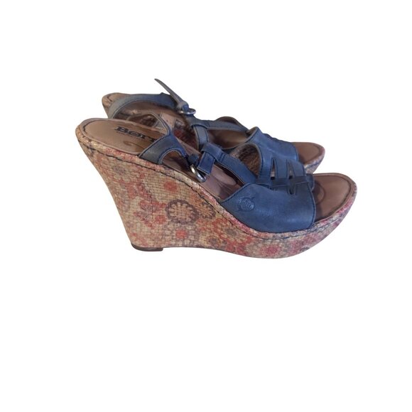 Born Handcrafted blue floral wedge leather sandals size 7M - Picture 1 of 7
